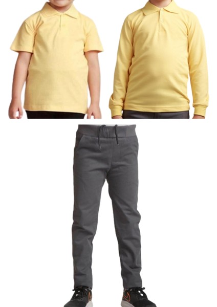 Unisex Çocuk Ribana Bel Keten Okul Pantolonu + Polo Yaka Kısa ve Uzun Kol T-Shirt
