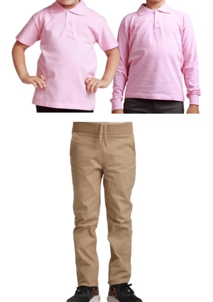 Unisex Çocuk Ribana Bel Keten Okul Pantolonu + Polo Yaka Kısa ve Uzun Kol T-Shirt
