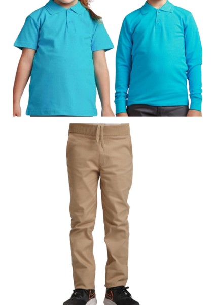 Unisex Çocuk Ribana Bel Keten Okul Pantolonu + Polo Yaka Kısa ve Uzun Kol T-Shirt