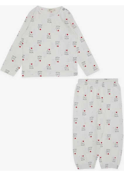 Kız Bebek Pijama Takımı Kalp Yazı Desenli 9 Ay-3 Yaş, Ekru