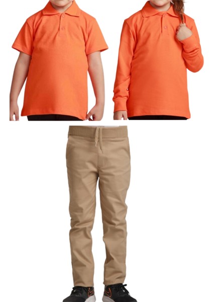 Unisex Çocuk Ribana Bel Keten Okul Pantolonu + Polo Yaka Kısa ve Uzun Kol T-Shirt