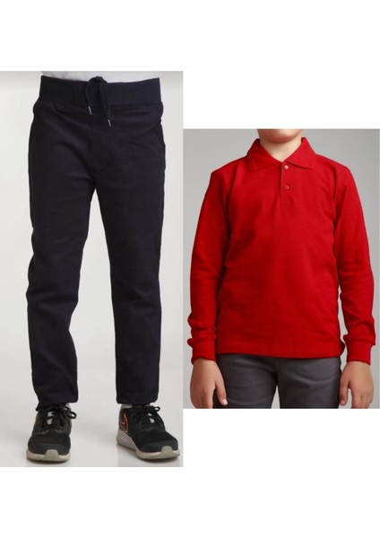 Unisex Çocuk Ribana Bel Keten Siyah Okul Pantolonu + Polo Yaka Uzun Kol T-Shirt