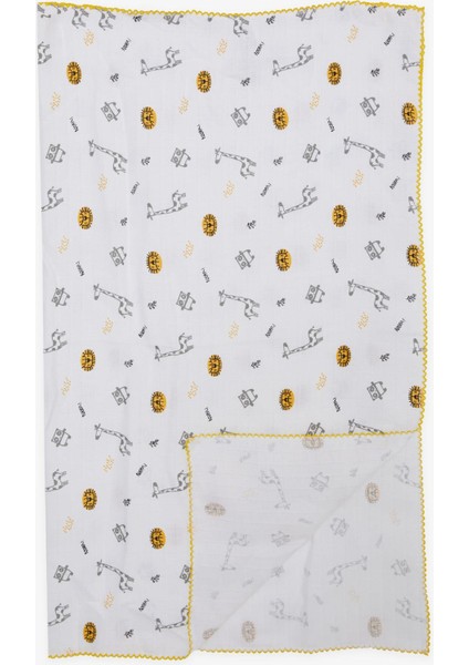 Yenidoğan Bebek Müslin Battaniye Sevimli Hayvancıklar Desenli Ekru