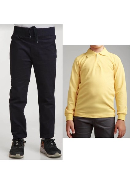 Unisex Çocuk Ribana Bel Keten Siyah Okul Pantolonu + Polo Yaka Uzun Kol T-Shirt