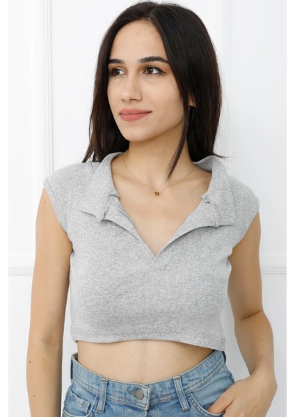 Hakim Yaka Dekolteli Crop Bady Gri - P-020498