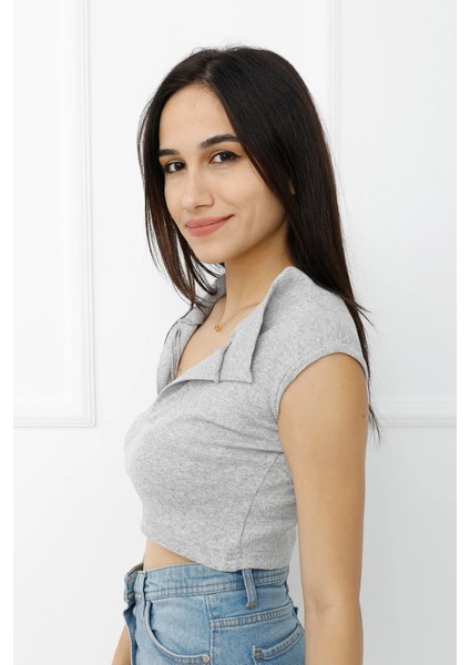Hakim Yaka Dekolteli Crop Bady Gri - P-020498
