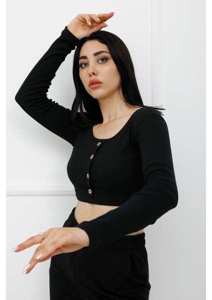 Sahte Düğmeli Mini Crop Bady Siyah - P-020494