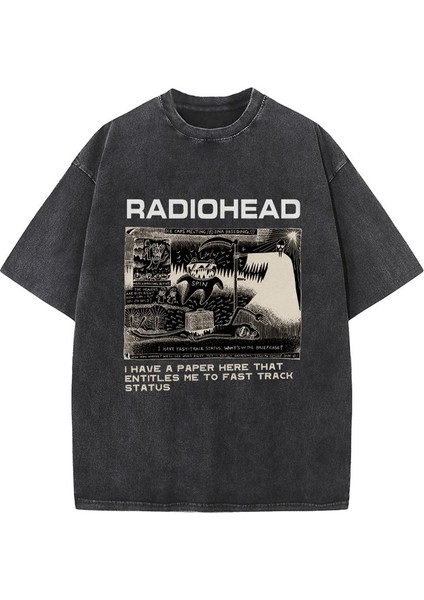 Yıkamalı Radiohead Baskılı Unisex Oversize Vintage Eskitme T-Shirt