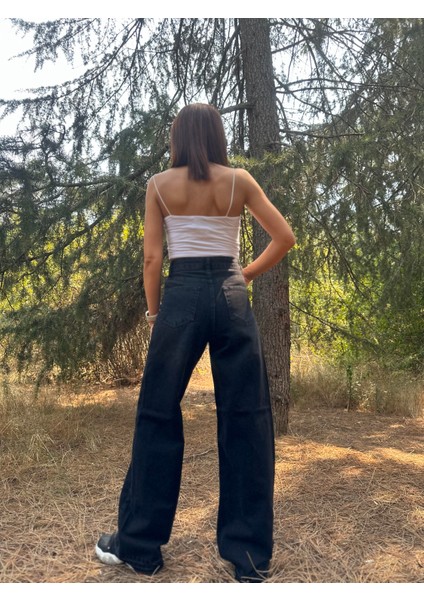 Arzu Emiroğlu Wide Leg Yüksek Bel Füme  Taşlanmış Denim  Pantolon