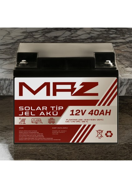 Maz Akü 12 Volt 40 Amper (Ah) Solar Jel Akü (Güneş Paneli Akü)