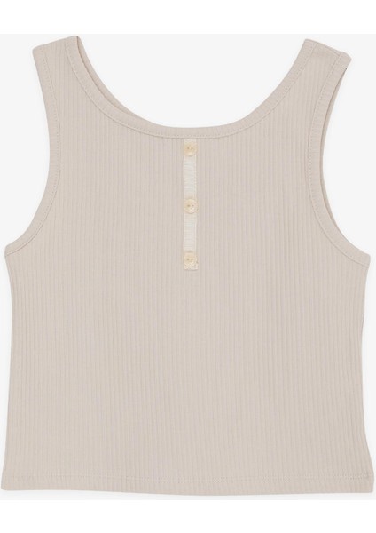 Kız Çocuk Crop Tişört Düğme Aksesuarlı 9-14 Yaş, Bej