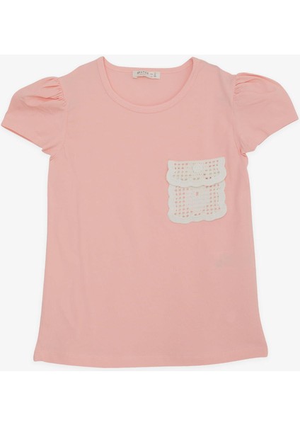 Kız Çocuk Tişört Cebi Örgü Detaylı 6-12 Yaş, Somon