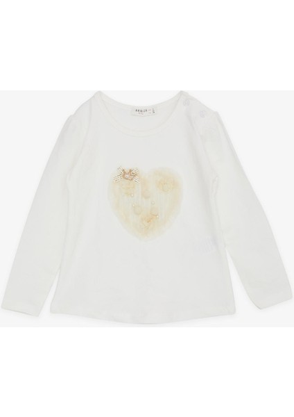 Kız Çocuk Uzun Kollu Tişört Ponponlu Incili 1-4 Yaş, Ekru
