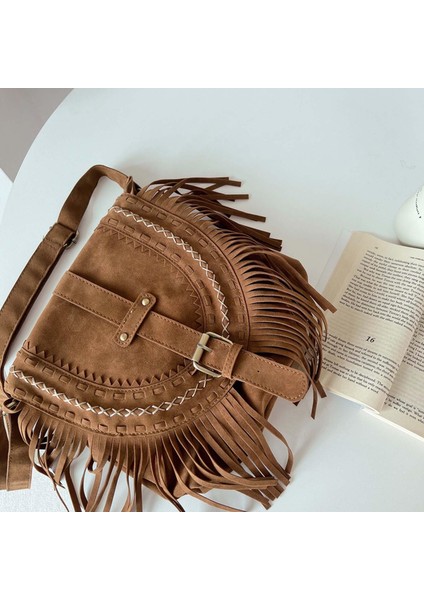 El Yapımı Süet Bayan Omuz Çantası Püskül Eyer Çantası Satchel Moda Çanta BROWN01 (Yurt Dışından)