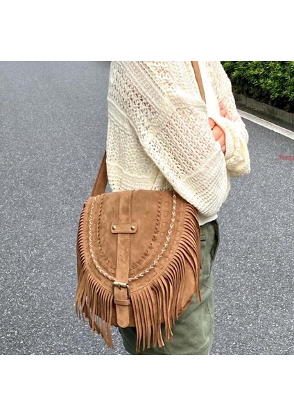 El Yapımı Süet Bayan Omuz Çantası Püskül Eyer Çantası Satchel Moda Çanta BROWN01 (Yurt Dışından)