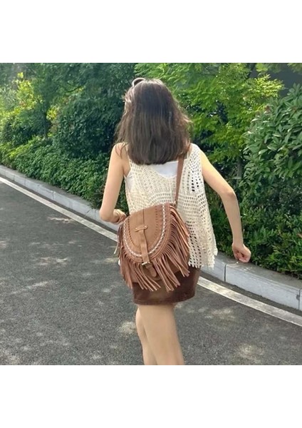 El Yapımı Süet Bayan Omuz Çantası Püskül Eyer Çantası Satchel Moda Çanta BROWN01 (Yurt Dışından)