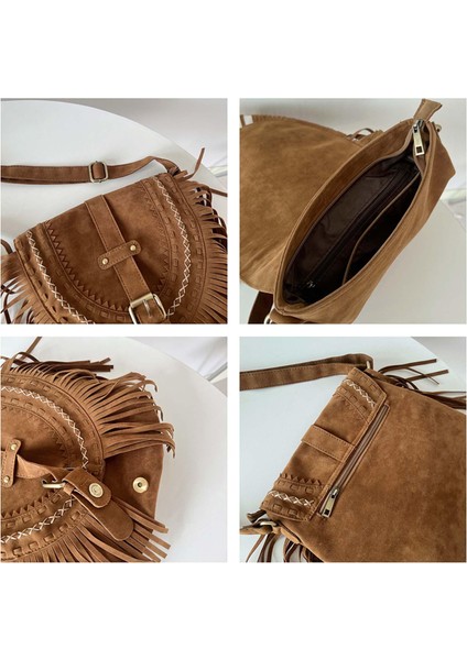 El Yapımı Süet Bayan Omuz Çantası Püskül Eyer Çantası Satchel Moda Çanta BROWN01 (Yurt Dışından)