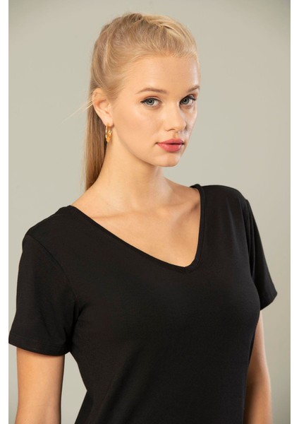 Erdem Weweus Siyah Kadın Viskon Ön ve Arka V-Yaka T-Shirt 237 modelleri