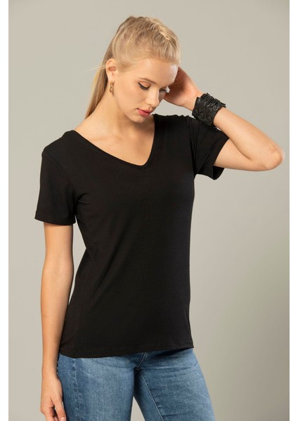 Erdem Weweus Siyah Kadın Viskon Ön ve Arka V-Yaka T-Shirt 237