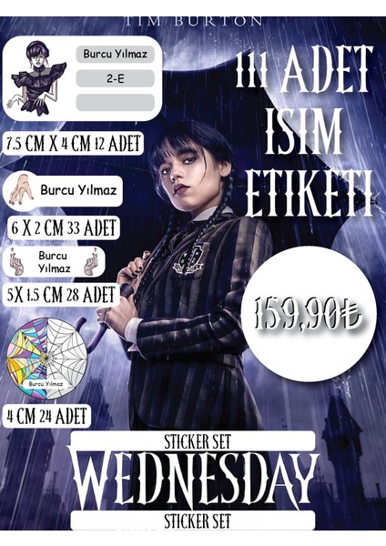 A4 4 Sayfa 1.sınıf Wednesday Addams Okul Defter Etiket Seti 111 Adet