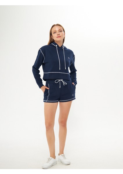 Lacivert Karyoka Dikişli Kadın Oversize Kapşonlu Sweatshirt | Yumuşacık Selanik | Nakışlı Beyaz Q Logo HOD5051 fırsatları