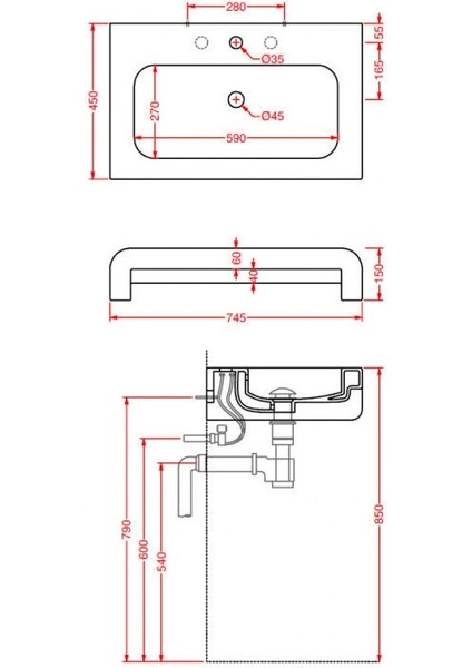 Lavabo Artceram Lafontana 74X45 Beyaz Kırmızı