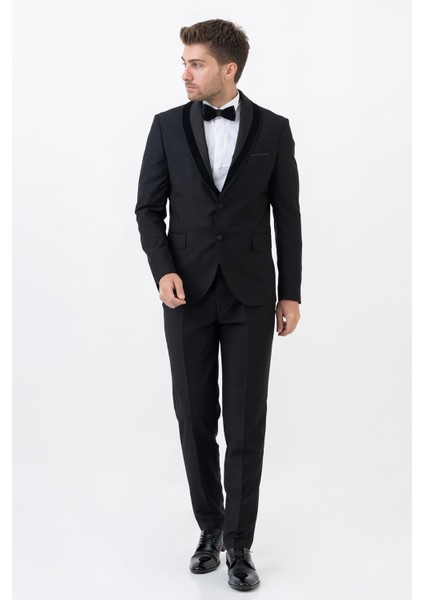 Meksiko D112 Şal Yaka Slim Fit Damatlık Takım Elbise Siyah