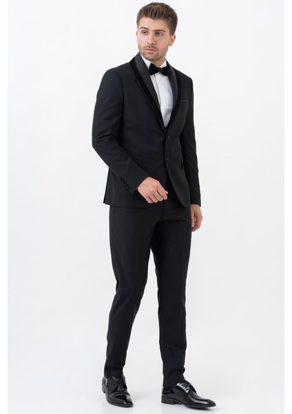 Meksiko D112 Şal Yaka Slim Fit Damatlık Takım Elbise Siyah modelleri