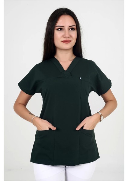 Kadın Likralı Yarasakol Acı Yeşil Renk Scrubs Teküst