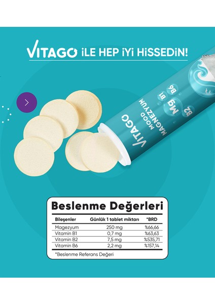 20li Mood Magnezyum , Vitamin B1, Vitamin B2 ve Vitamin B6 İçeren Efervesan Tablet Takviye Edici Gıda fırsatları