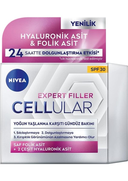 Cellular Expert Filler Yoğun Yaşlanma Karşıtı Gündüz Bakım Yüz Kremi 50 Ml, Hyaluronik Asit ve Folik Asit, SPF30 Güneş Koruı