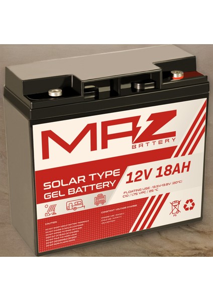 Maz Akü 12 Volt 18 Amper (Ah) Solar Jel VRLA Akü (Yeni Üretim)