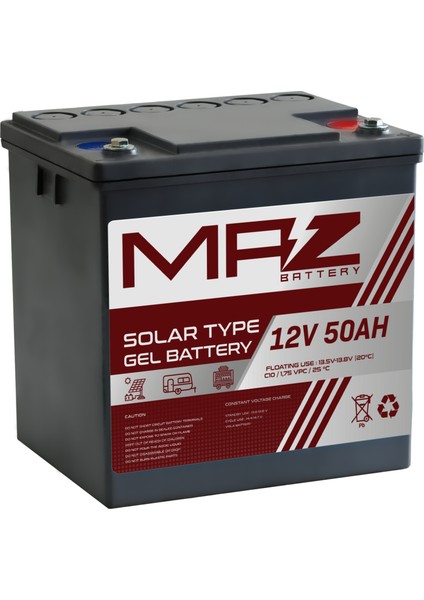 Maz Akü 12 Volt 50 Amper (Ah) Solar Jel VRLA Akü (Yeni Üretim)