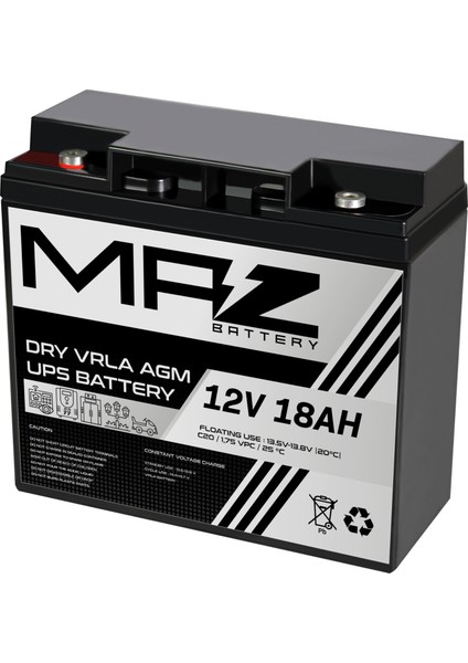 Maz Akü 12 Volt 18 Amper (Ah) Kuru Agm Vrla Akü (Yeni Üretim)