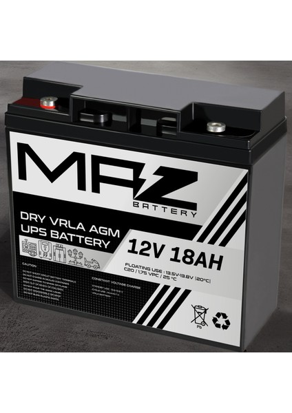 Maz Akü 12 Volt 18 Amper (Ah) Kuru Agm Vrla Akü (Yeni Üretim)