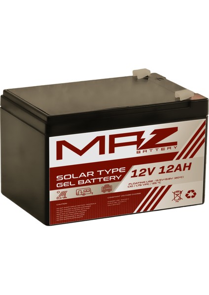 Maz Akü 12 Volt 12 Amper (Ah) Solar Jel VRLA Akü (Yeni Üretim)