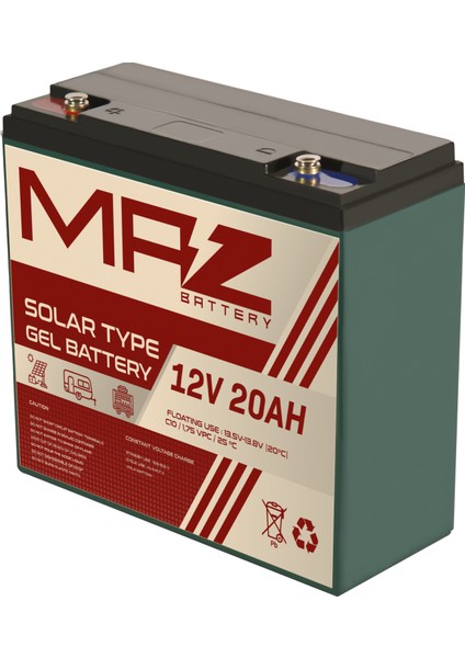 Maz Akü 12 Volt 20 Amper (Ah) Solar Jel VRLA Akü (Yeni Üretim)