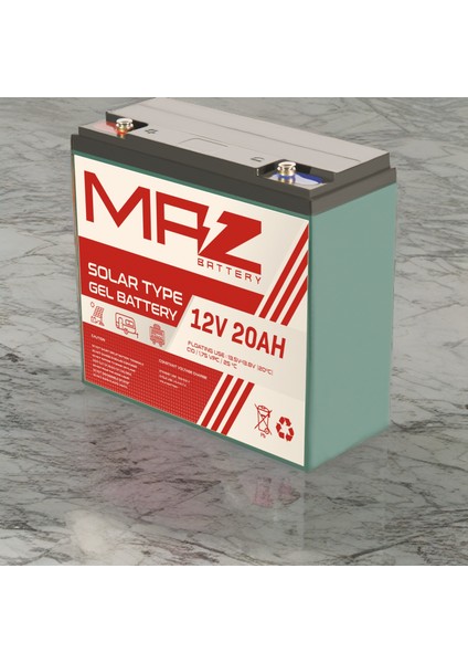 Maz Akü 12 Volt 20 Amper (Ah) Solar Jel VRLA Akü (Yeni Üretim)