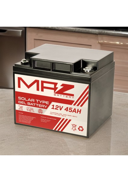 Maz Akü 12 Volt 45 Amper (Ah) Solar Jel VRLA Akü (Yeni Üretim)