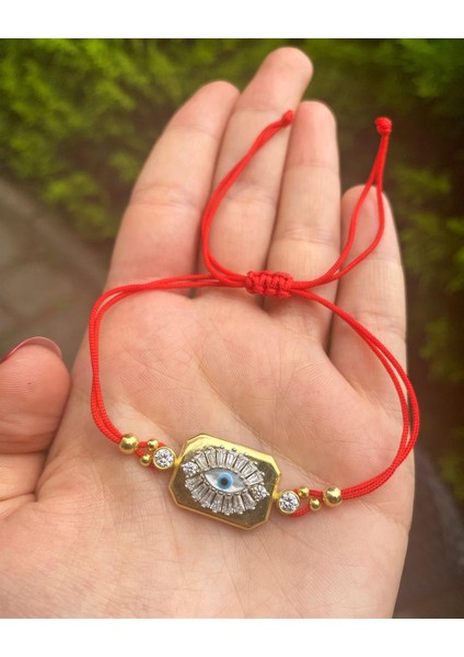 Kadın Gümüş Kırmızı İpli Baget Göz Bileklik