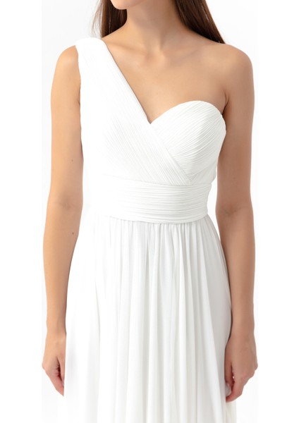 Kadın Beyaz Tek Omuz Yırtmaçlı Uzun Abiye Elbise fırsatları