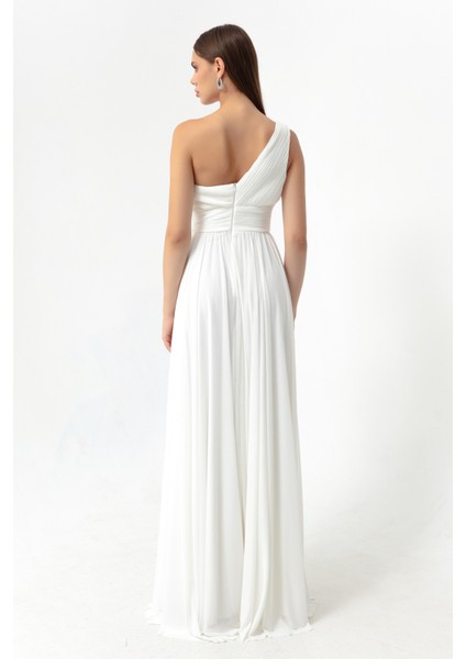 Kadın Beyaz Tek Omuz Yırtmaçlı Uzun Abiye Elbise indirimleri