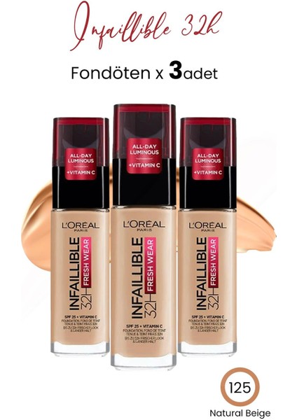 Loreal Paris Infaillible 32H Fresh Wear Fondöten 125 Natural Beige x 3 Adet