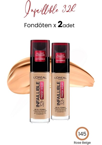 Loreal Paris Infaillible 32H Fresh Wear Fondöten 145 Rose Beige x 2 Adet