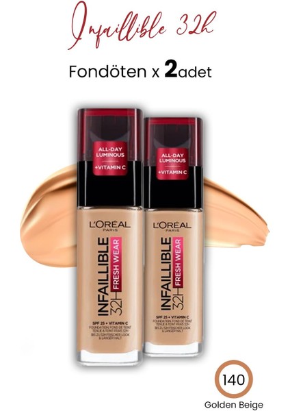 Loreal Paris Infaillible 32H Fresh Wear Fondöten - 140 Golden Beige x 2 Adet