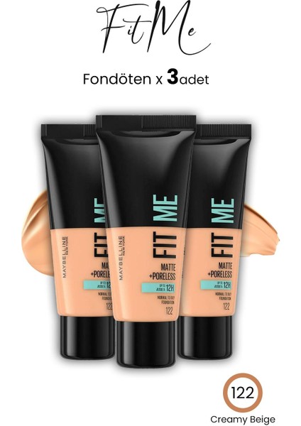 Maybelline Fit Me Matte+Poreless Fondöten 30 ml Creamy Beige 122 x 3 Adet