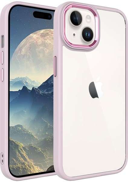 Apple iPhone 15 Kılıf Krom Kamera Çıkıntılı Nikelaj Hassas Tuşlu Arkası Cam Açık Pembe