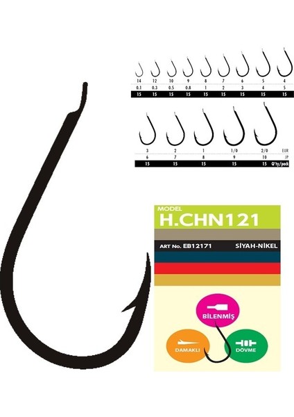 Hchn 121 Kısa Pala Dövme Olta Iğnesi 15'li Paket Black Nikel
