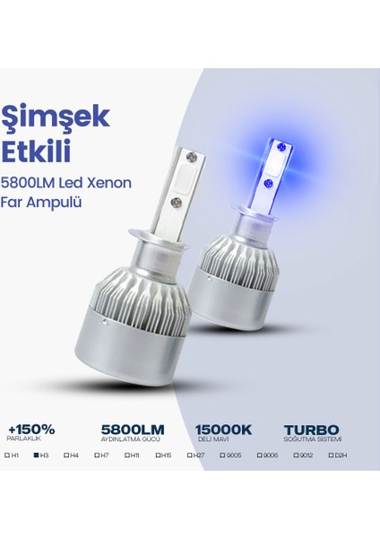 C6 LED Xenon Far Ampulü Şimşek Etkili 5800LM Chip On Board 10000K Deli Mavi H3