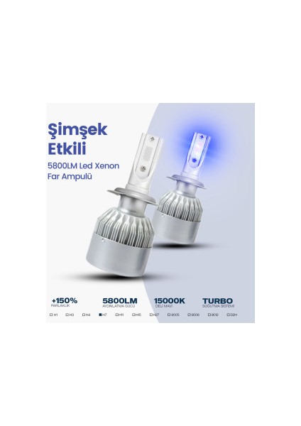 C6 LED Xenon Far Ampulü Şimşek Etkili 5800LM Chip On Board 10000K Deli Mavi H7